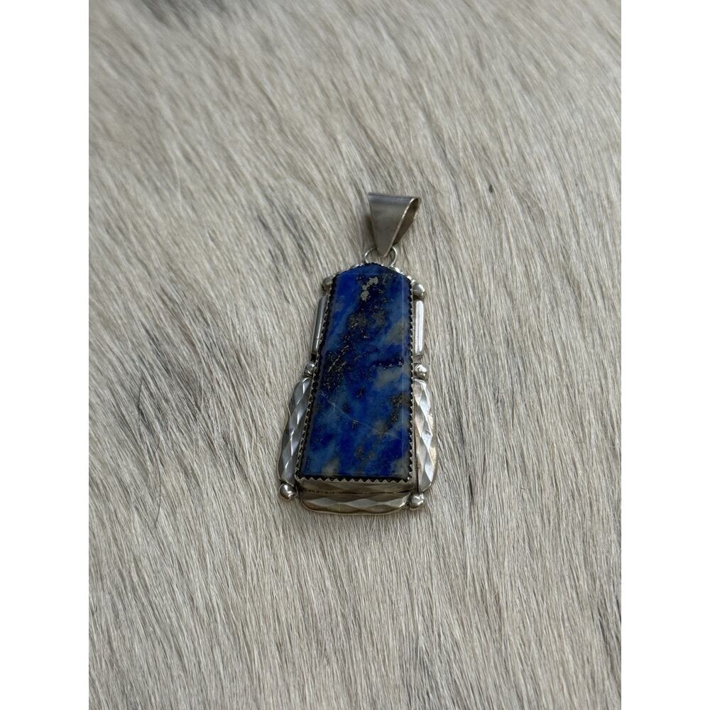 Zuni New Mexico Sterling Silver K. C. Signed Huge Lapis Lazuli Long Pendant - Picture 12 of 12